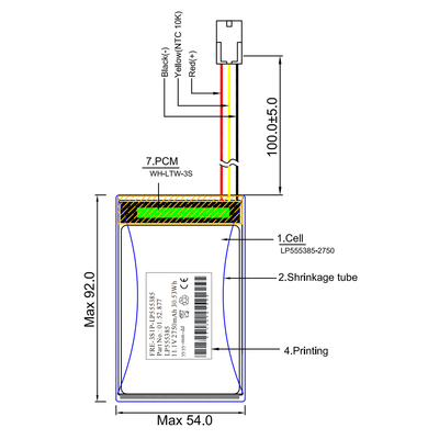 Paket Baterai Li Polymer Sekunder 11.1 V 2750mAh LP555385 30.53Wh 3S1P dengan PCM